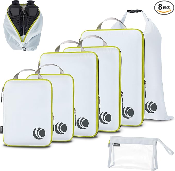 Cipway Compression Packing Cubes, Lightweight Travel Luggage Organizers with Shoe Bag, Toiletry Bag & Laundry Bag, Travel Essentials for Carry on Suitcase (8 Piece,White)