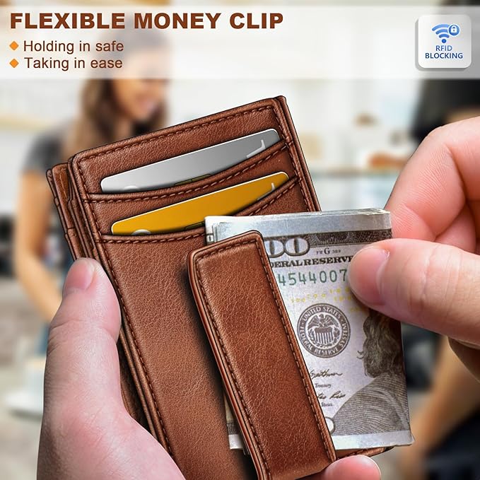 KEMISANT Men Wallet, Slim Leather Wallet Money Clip Magnetic Closure ID Windows 14Cards RFID Blocking