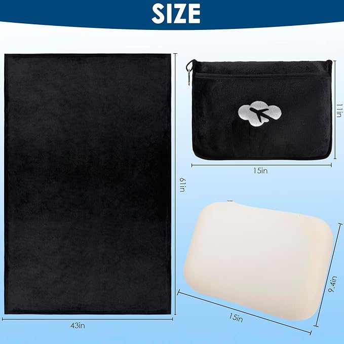 Blanket Pillow for Airplane Travel Essentials - 3 In 1 Travel Blanket and Pillow Set for Women Gift, Plane Compact with Bag for Long Flight, International Traveler Must Haves Flying Accessories（Black）
