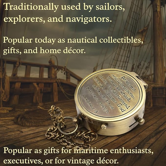 Be Strong and Courageous Compass – Antique Nautical Magnetic Compass with Engraved Scripture Quote – Baptism Gift with Wooden Box for Son, Father, Husband, Loved One