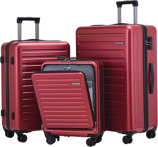 3Pcs (20/24/28) Luggage Set, HardShell Lightweight, Only 20" with Front Pocket, 21.65*15.35*7.87" Fits Overhead Cabin, 24" (26*17.7*10.2") and 28" (19.68*11.81*29.92") Checked Luggage, Red
