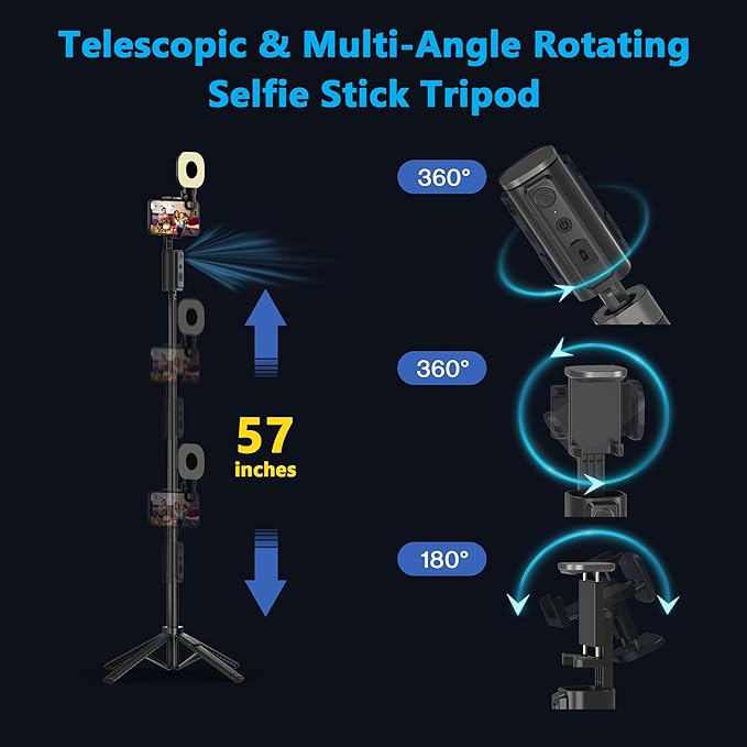 2025 Upgraded 57” Auto Face Tracking Tripod 360 Rotation Facial Recognition Tripod for iPhone with Light AI Face Following Tripods with Remote and Gesture Control for TikTok Vlogging Live Streaming