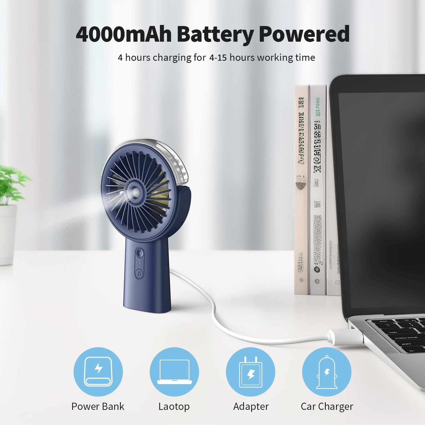 Otlonpe Rechargeable Handheld Portable Misting Fan, 4-15 Hrs Runtime, Small Personal Mist Portable Fan 4000mAh Battery Operated, Water Spray, 90° Rotatable, Power Bank, Hand Held Desk 2 IN 1 (Blue)