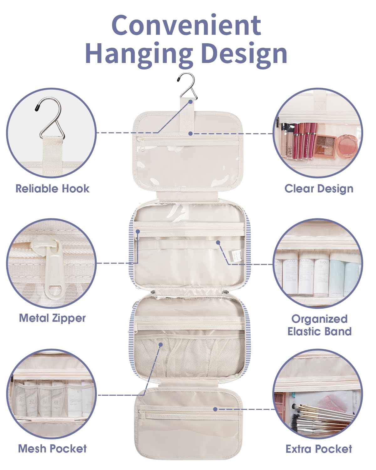 Narwey Striped Travel Toiletry Bag for Women Large Hanging Makeup Bag Organizer Toiletries Bag for Full Size Essentials Accessories Cosmetics (Greyish Blue Stripe (Large))