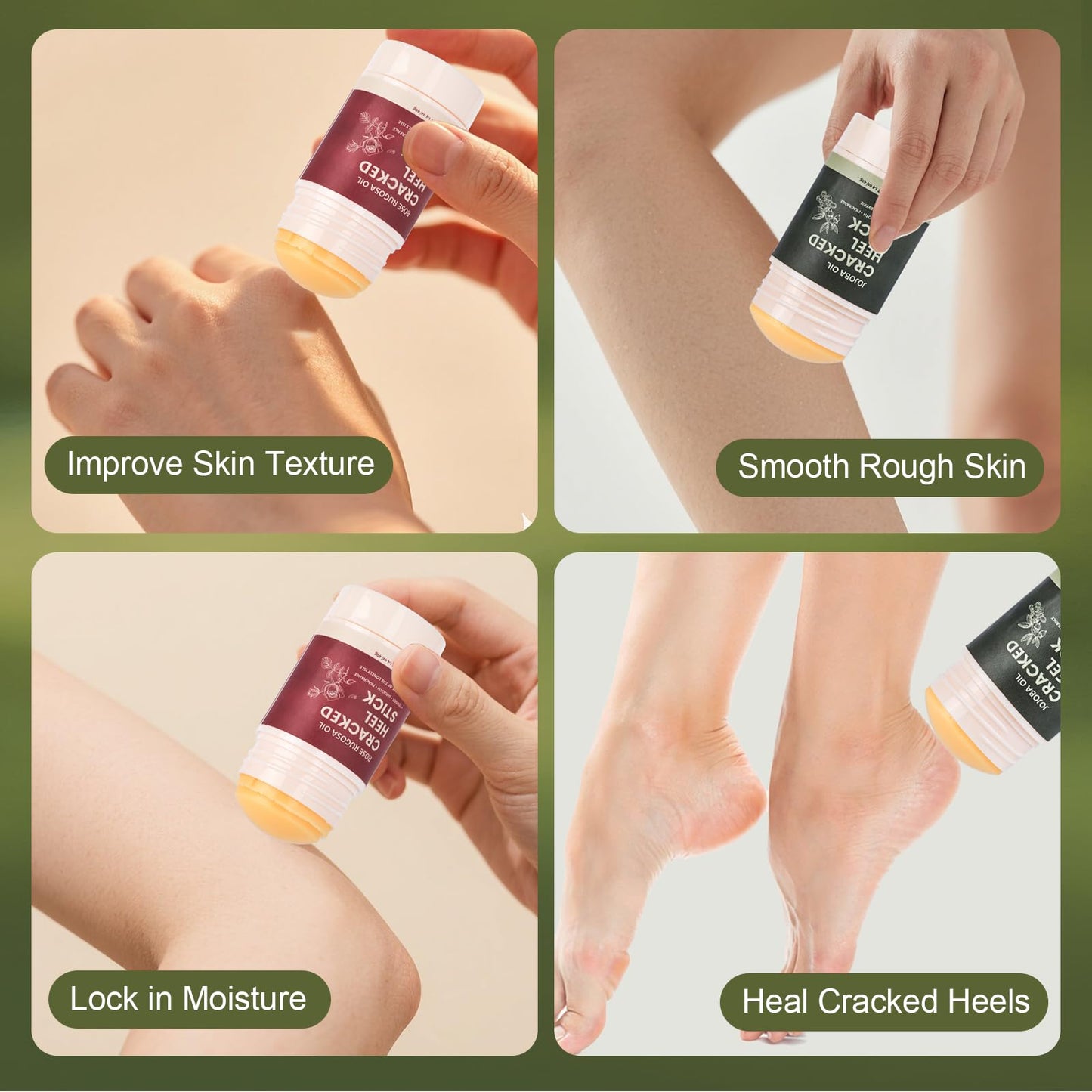 4 Pcs Cracked Heel Repair Set –Comes with 2 Repair Sticks & 2 Foot Care Socks, Rose & Jojoba Oil Heel Balm for Dry Cracked Feet, No-Mess Applicator, Travel-Friendly