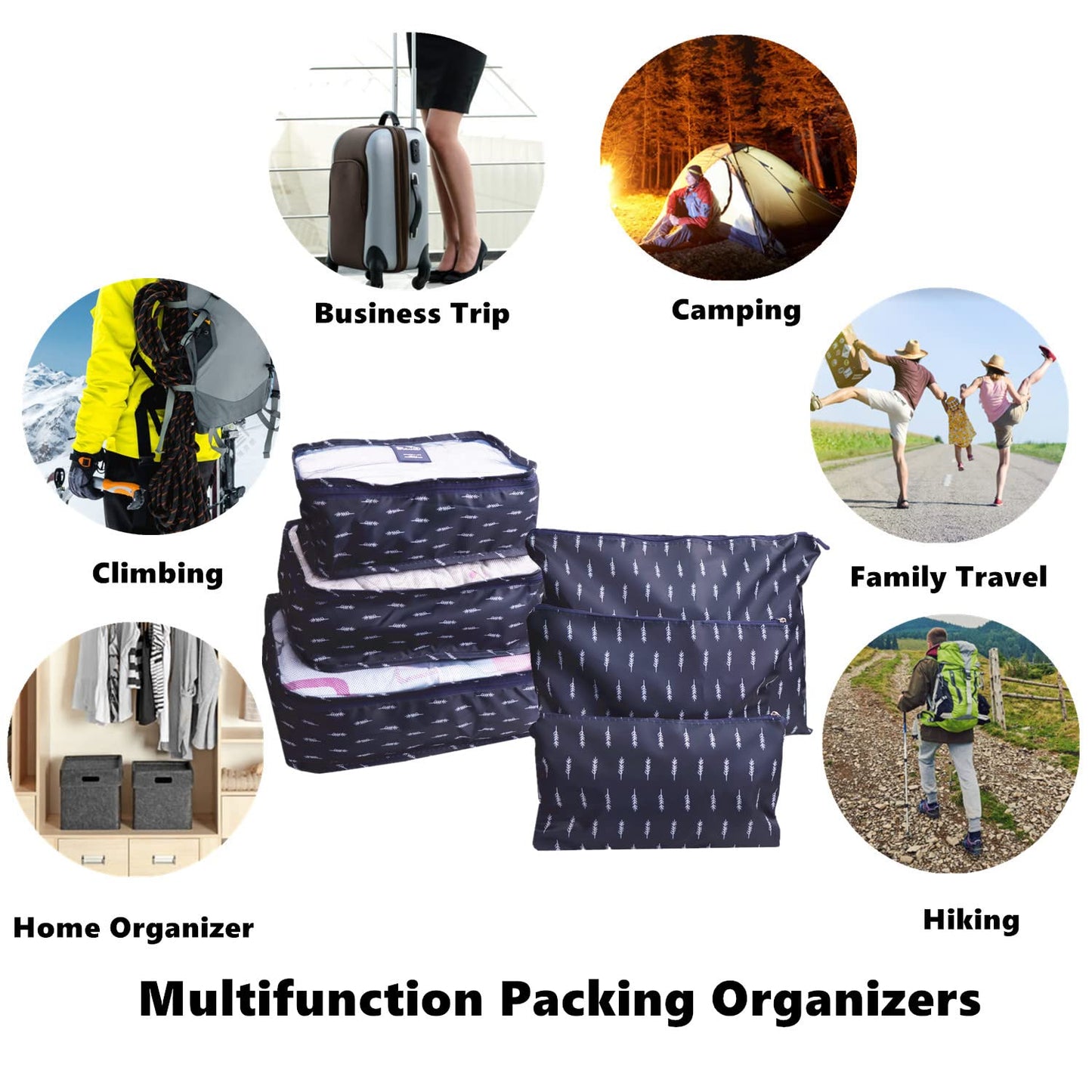 GUIFIER 6 PCS Travel Suitcase Organizer Bags, Travel Organizer Packing Cubes Set Laundry Bags, Travel Clothes Storage Bag, Packing Organizer Compression Pouches for Traveller(Navy Blue Feather)