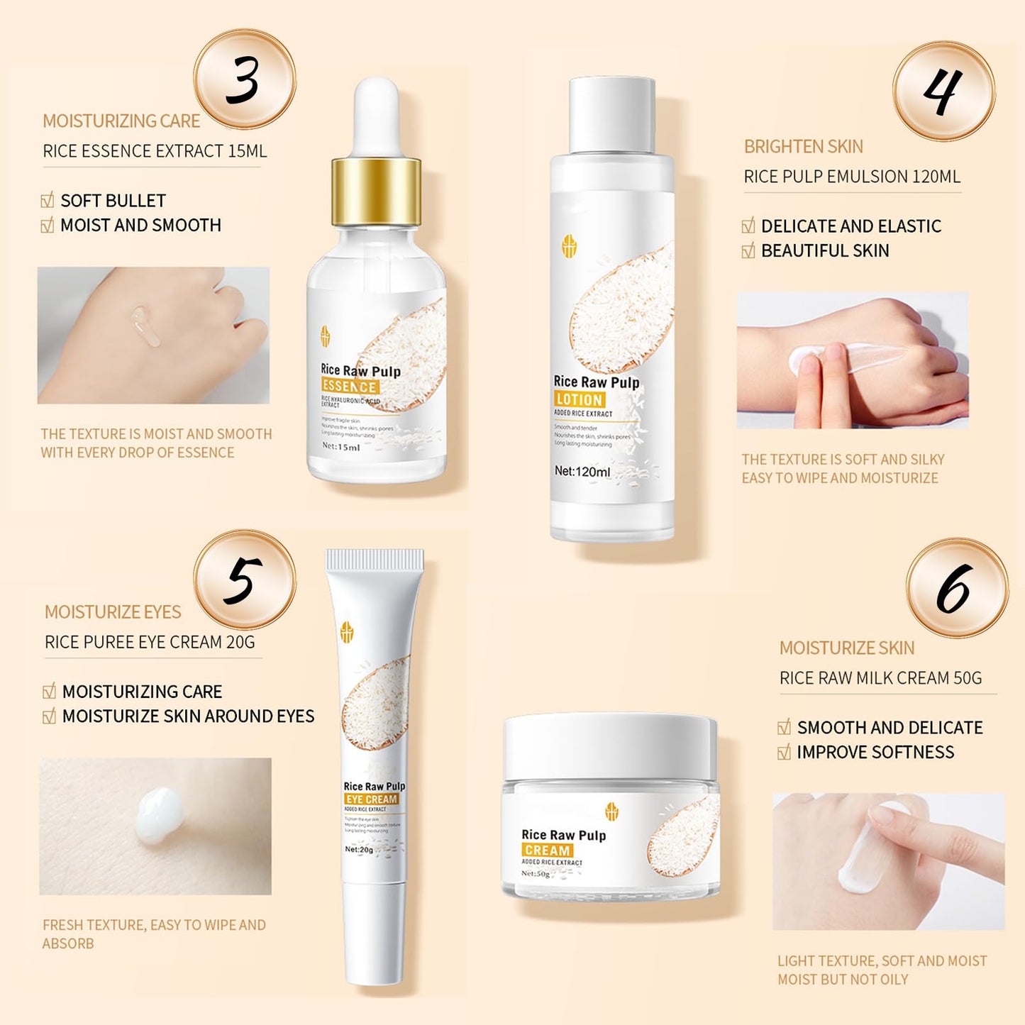 Skincare Set, Rice Raw Pulp Korean Skin Care Sets & Kits for Women Teenage Girls Gifts with Cleanser Toner Eye Cream Essence Emulsion Face Cream Gift Set for Hydrating Skin (6pcs)