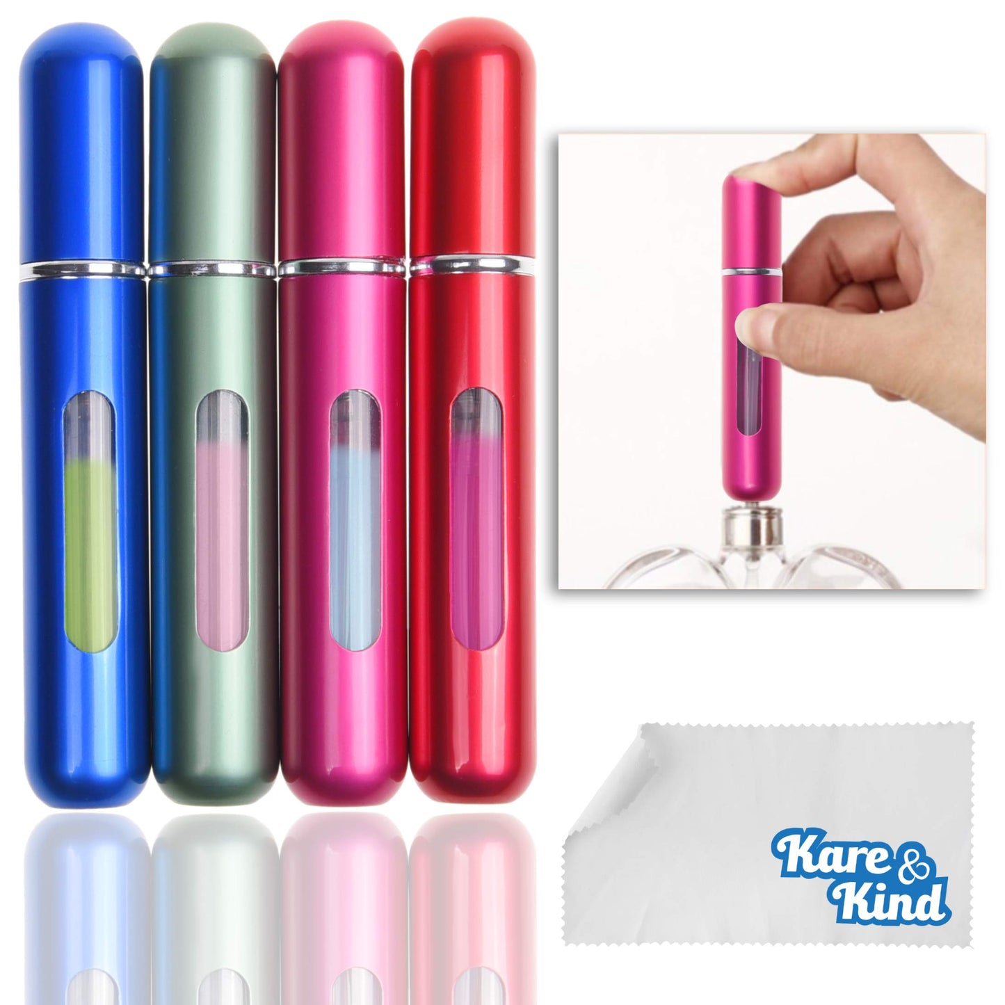 Kare & Kind 4x Mini Perfume Atomizer Bottles - Refillable Pump Spray Cases - Stainless Outer Shell with Transparent Glass Vial - For Perfumes, Body Sprays, Facial Mists, Oils - (Green/Blue/Pink/Red)