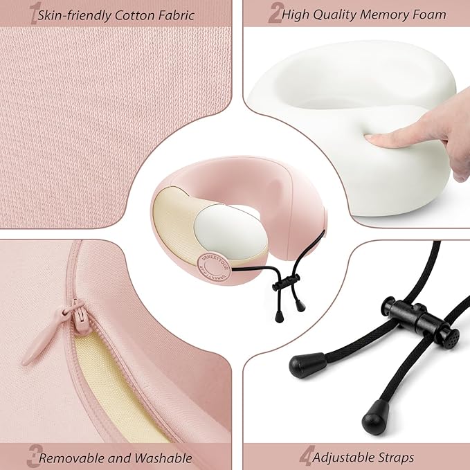 Travel Neck Pillows for Airplane Adults, Memory Foam Neck Support Travelling Pillow with Washable Cotton Pillowcases and Storage Bag, for Car, Train, Flight, Office and Home Use Adults Pink