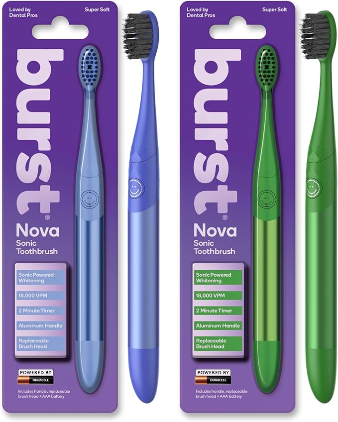 Burst Nova Toothbrush (2 Pack/Blue & Green) | Sonic Powered Teeth Whitening | Super-Soft Bristles | 18000 VPM | 2 Minute Timer | Aluminum Handle | Replaceable Brush Head | Compact Size | AAA Battery