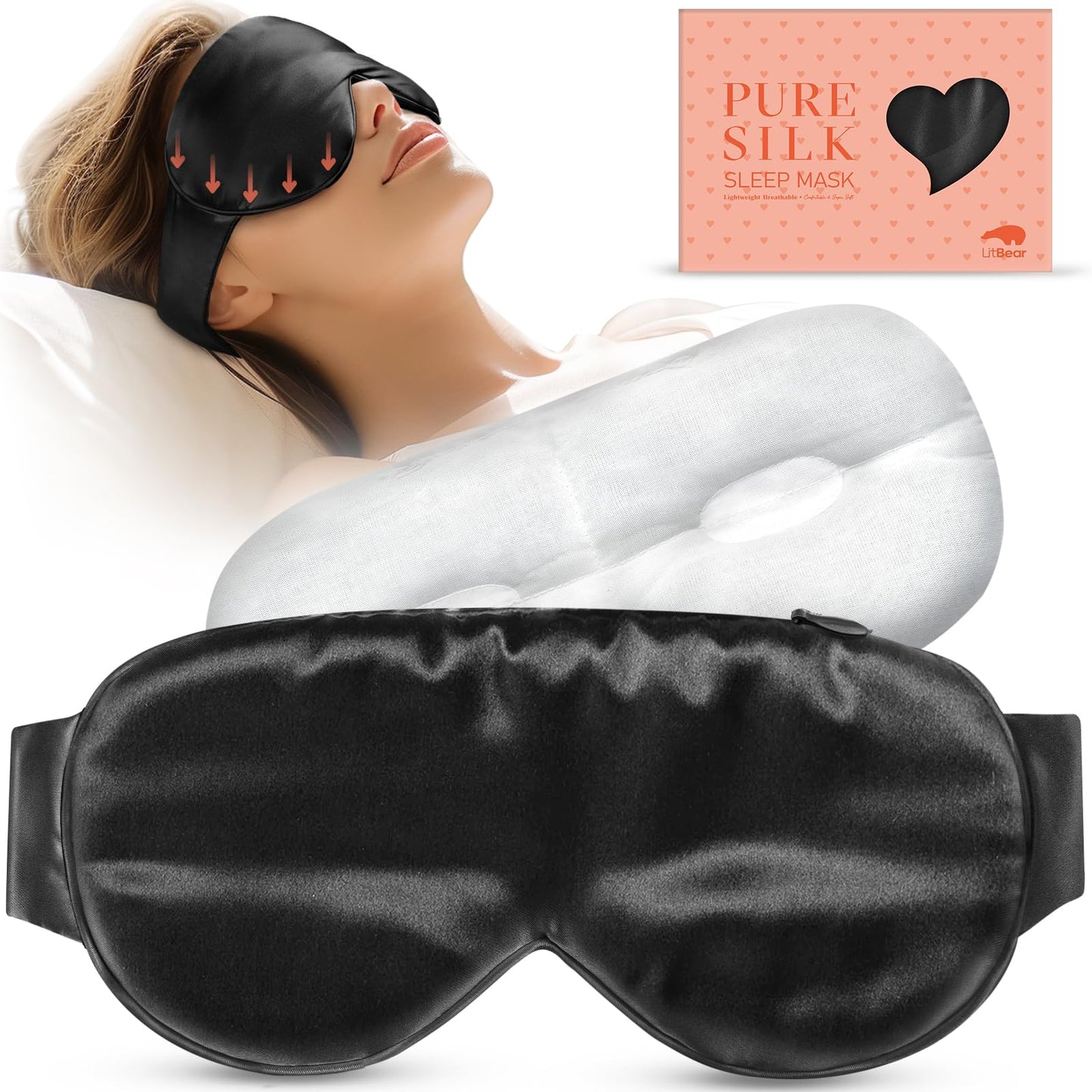 LitBear Weighted Silk Sleep Mask 4.9 oz (140g), Mulberry Silk Sleeping Mask with Detachable Insert, Women Men Pressure Relief Night Light Blocking Eye Mask with Adjustable Strap, for Relax Deep Sleep