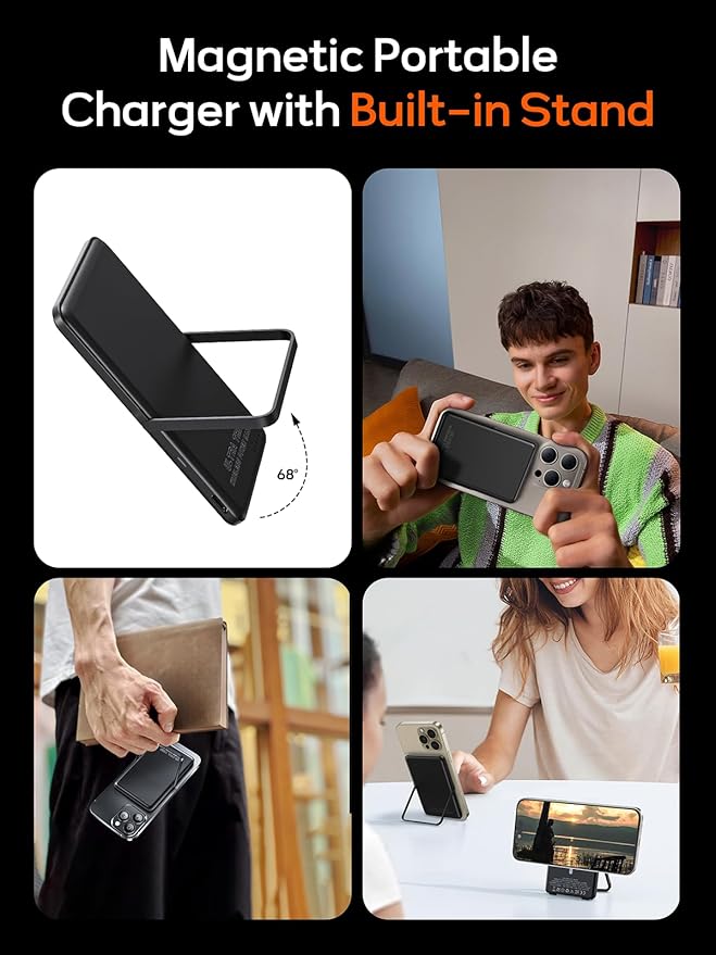 0.3" Ultra Slim Magnetic Power Bank, 5000mAh Wireless Portable Charger with Foldable Stand and USB C Cable, Fast Charging Magnetic Battery Pack Compatible with iPhone 16/15/14/13/12,Travel Essentials