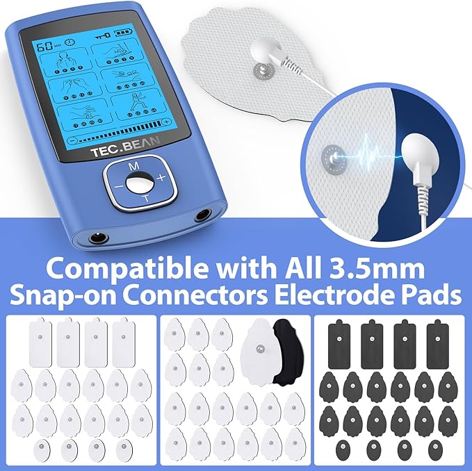 24 Modes Tens Unit Muscle Stimulator, Rechargeable Tens Machine with 8 Electrode Pads (American Gel), Electric Pulse Massager for Pain Relief Therapy（Blue）