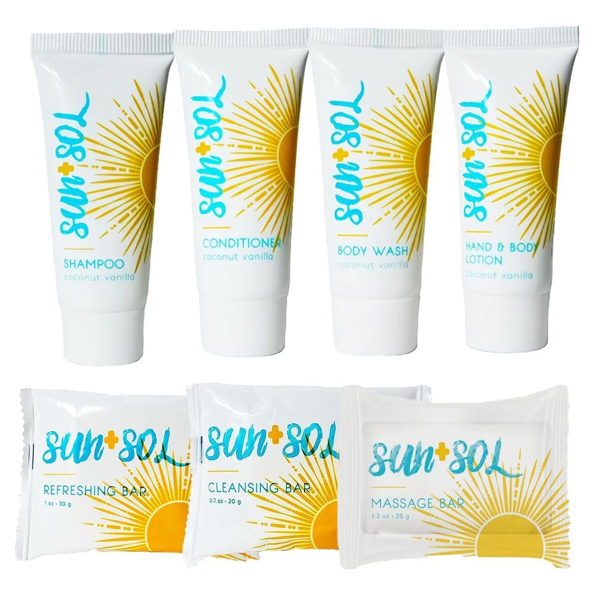 World Amenities - Sun + Sol Mini Size Hotel Toiletries Bathroom Kit | Warm Coconut & Vanilla | Shampoo, Conditioner, Body Wash, Lotion, Cleansing Bar, Refreshing Soap Bar and Moisturizing Massage Bar