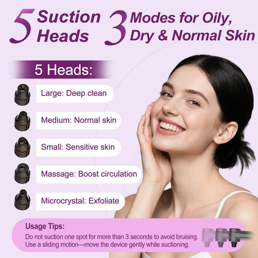 Blackhead Removers Pore Vacuum with Heating, Electric Blackhead Suction Remover, 3 Adjustable Suction Levels & 9 Modes, Comedone Extractor Kit with 5 Heads for Nose & Face Deep Pore Cleansing