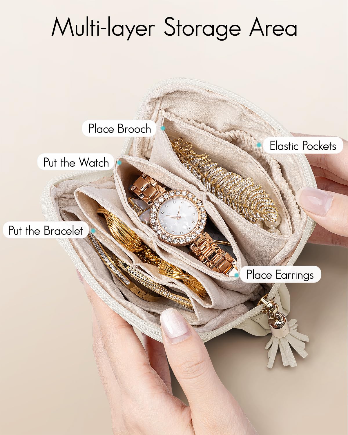 Vlando Small Travel Jewelry Case,Travel Gifts for Women,Jewelry Pouch Bags with Zipper,Velvet Jewelry Organizer Storage Bag for Bracelet Rings Earring-Cream White