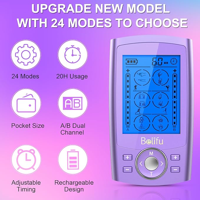 Belfiu TENS & PMS 24 Modes Muscle Stimulator for Pain Relief Therapy, Electronic Pulse Massager Muscle Massager with 10 Pads, Dust-Proof Drawstring Storage Bag, Fastening Cable Ties