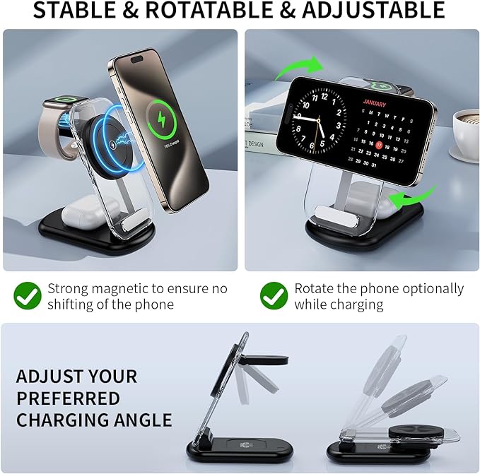 2025 Traveling Wireless Mag-Safe Fast Charging Station,Magnetic 3 in 1 Charger with Light for iPhone 17 16 15 14 13 12 Pro Max Plus,Apple Watch & Air pods 4 3 2 Pro-Gifts for Wife & Husband(Black)