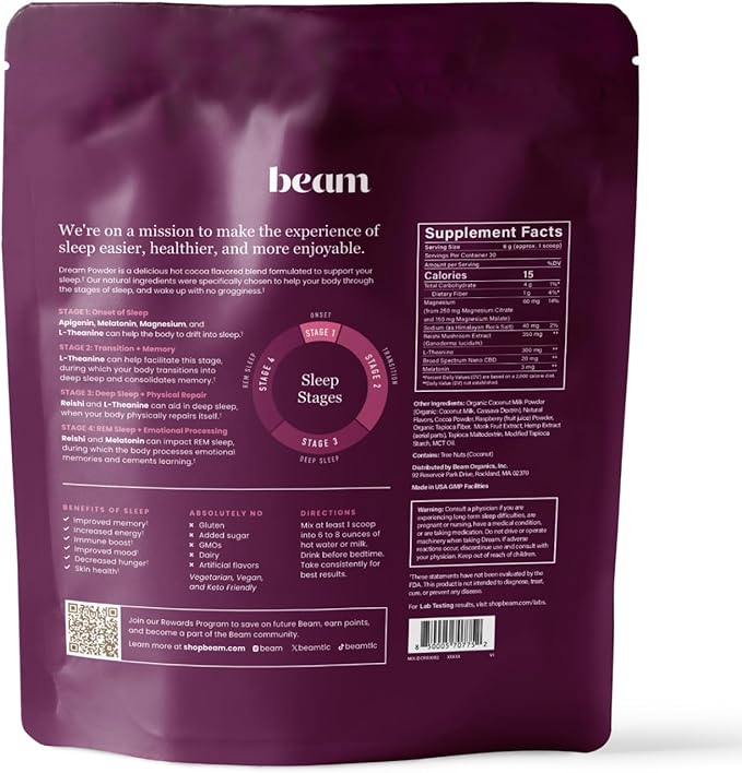 Beam Dream Sleep Powder, L-Theanine, Apigenin, Reishi and Magnesium, Third Party Tested Natural Sleep Aid & Sleep Supplement for Deep Sleep, Relaxation and Recovery, Natural Sleep Support, 30 Servings