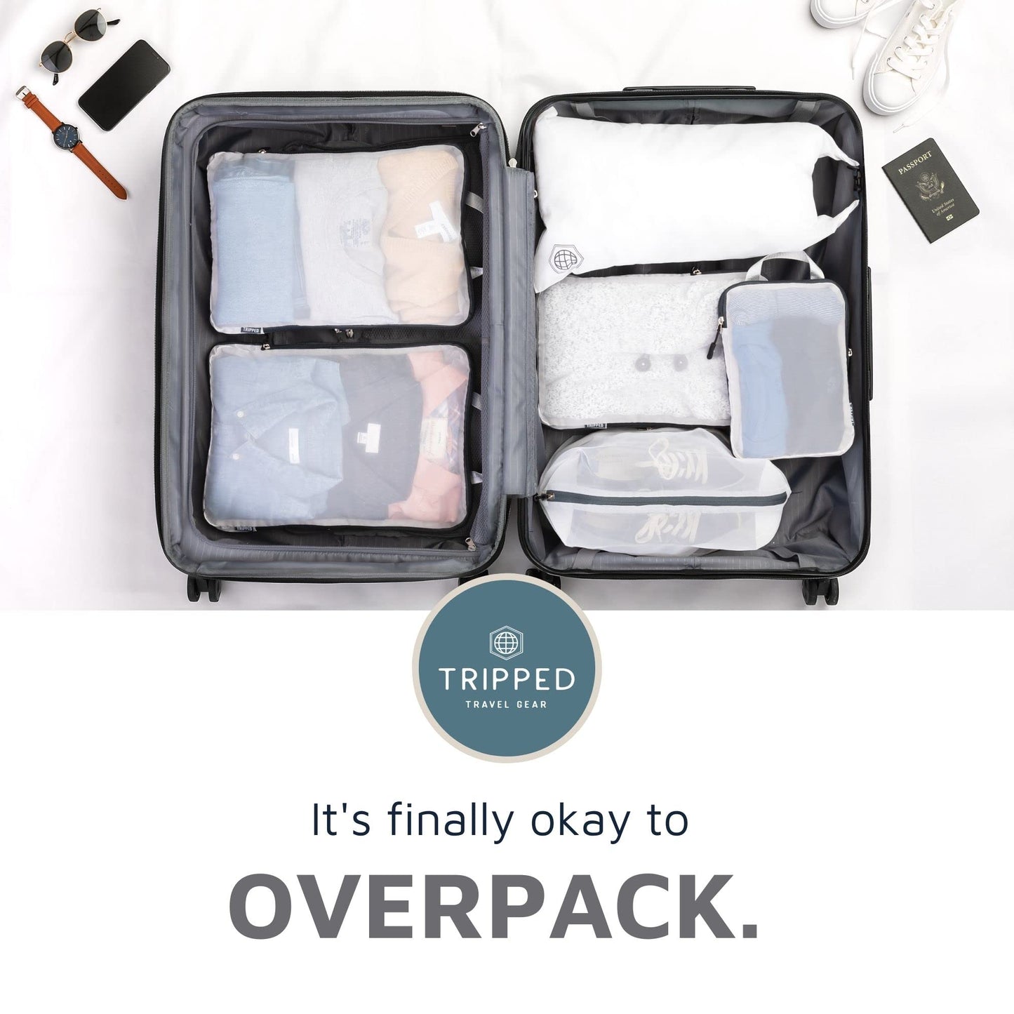 Large Packing Cube Set with See Through Mesh- Compression Packing Cubes Travel Organizers by TRIPPED Travel Gear (White)