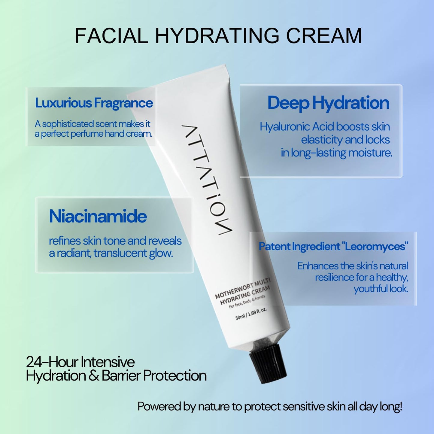 ATTATION Motherwort Multi Hydrating Cream, Facial Moisturizer Silicon Free For Dry and Sensitive Skin, Korean Skincare, Formulated with Niacinamide Panthenol Adenocin, Vegan 50ml / 1.69 fl. oz.