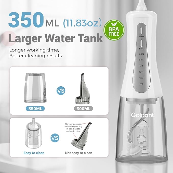 350ML Water Dental Flosser Teeth Pick with Stand Convenient Storage, 5 Modes Portable Cordless Oral Irrigator, Electric Rechargeable IPX7 Waterproof for Home Travel Teeth Cleaning (White)