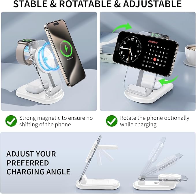 2025 Traveling Wireless Mag-Safe Fast Charging Station,Magnetic 3 in 1 Charger with Light for iPhone 17 16 15 14 13 12 Pro Max Plus,Apple Watch& Air pods 4 3 2 Pro-Gifts for Wife & Husband(White)