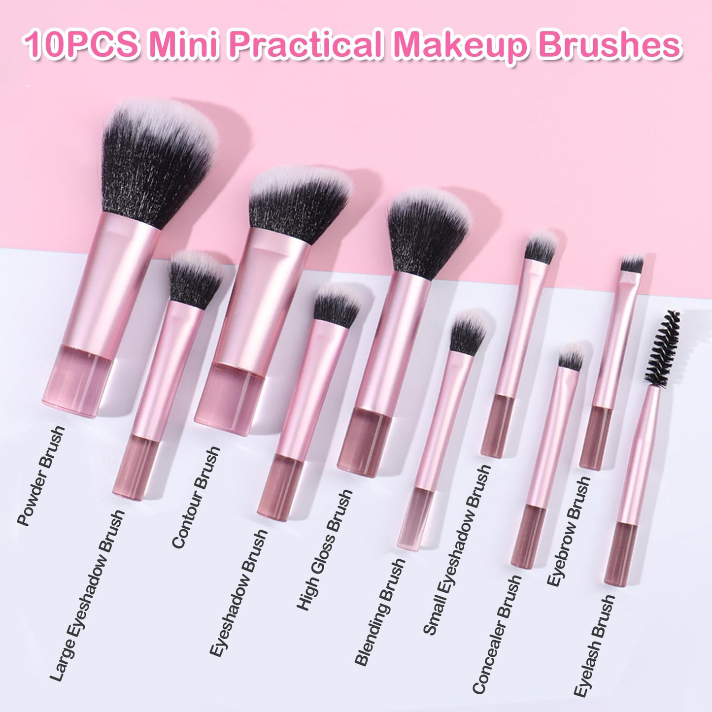 Kingtree 10PCS Mini Makeup Brushes with Pouch, Portable Makeup Brush Travel Set, Easy-taken ON THE GO Makeup Brush Full Complete Function Cosmetic Brushes for Girls
