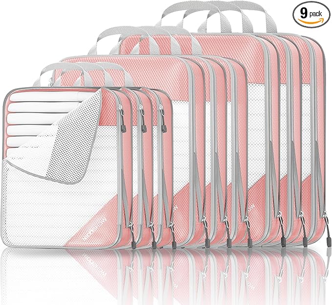 9 Set Compression Packing Cubes for Travel - Compressible, Lightweight, and Space-Saving Packing Cubes, Travel Essentials for Women, Pink