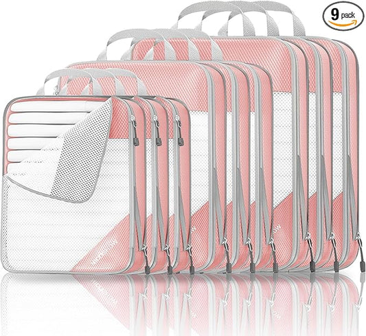 9 Set Compression Packing Cubes for Travel - Compressible, Lightweight, and Space-Saving Packing Cubes, Travel Essentials for Women, Pink