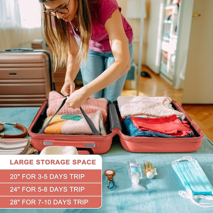 Kono 4 Piece Luggage Sets Expandable(only 28") Lightweight with Spinner Wheels TSA Lock Hardside Travel Rolling Suitcases 20in 24in 28in Carry on and 12in Mini Cosmetic Case Coral Pink