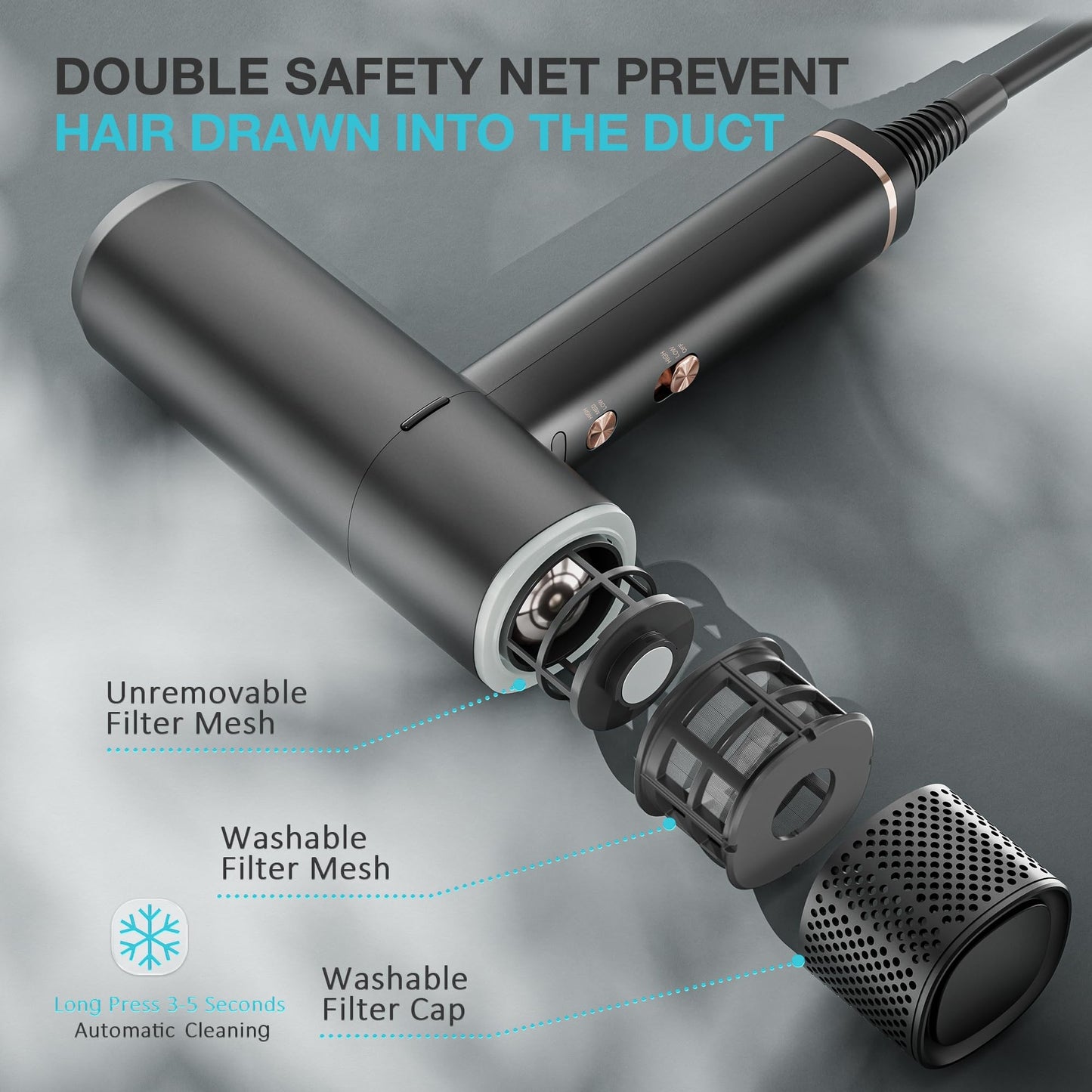 Professional Hair Dryer, High Speed Portable Ionic Hair Blow Dryer with Diffuser for Women & Men, 3 Temps/2 Speeds, 6.56 Ft Cord, Best for Straight & Wavy Hair, for Home Travel, Black