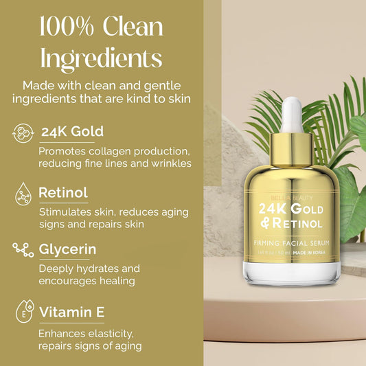 Bella Beauty 24K Gold & Retinol Face Serum - Reduces Age Spots, Fine Lines & Wrinkles, Lifting & Firming - Dermatologist Tested, Cruelty-Free Korean Skin Care for All Skin Types - 1.69 Fl. Oz