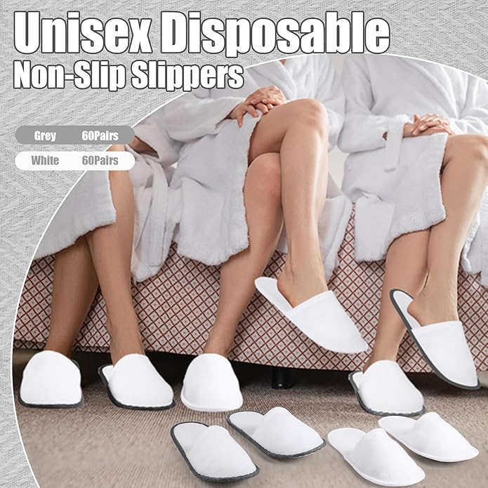 JaGely 120 Pairs Bulk Disposable Slippers Non Slip Hotel Spa Slippers Fluffy Closed Toe for Home Indoor Wedding Travel Party Guests Men Women