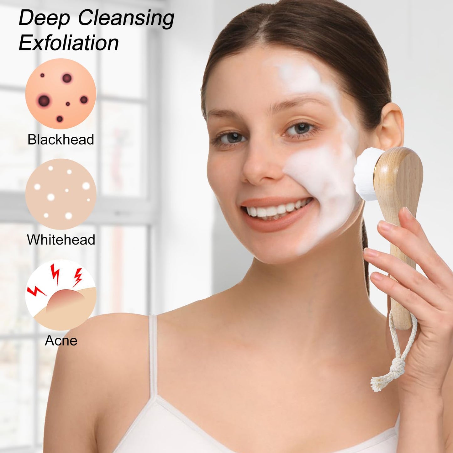 Beomeen 2 Pcs Face Scrubber with Wooden Handle, Facial Cleansing Brushes Face Wash Brush for Deep Pore Cleansing and Exfoliating, Ultra Soft Bristles Manual Dry Brush for Face Care