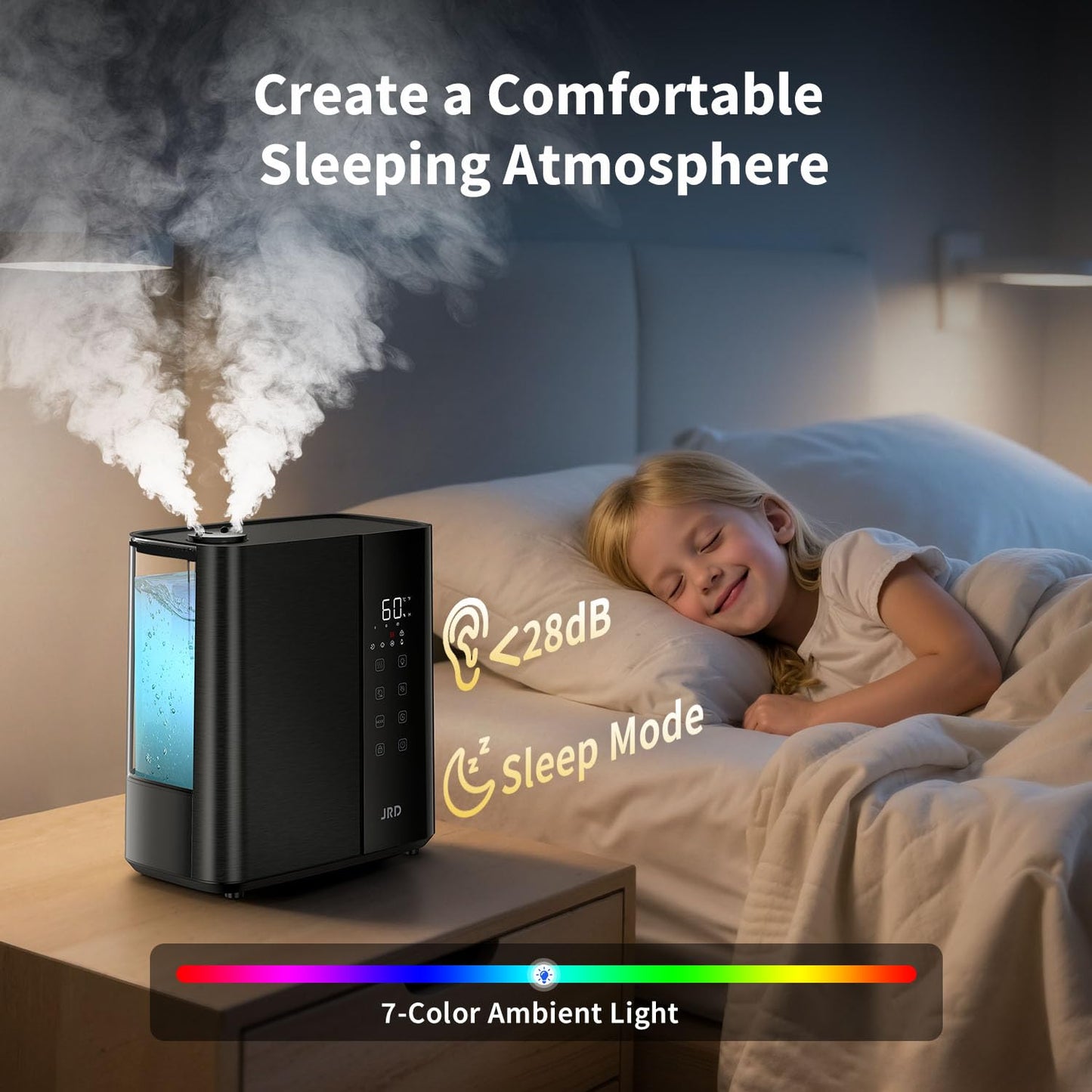 JRD Smart Humidifiers for Bedroom, 5L Warm & Cool Mist Ultrasonic Air Humidifier for Large Room Home Indoor, 50Hrs Quiet Runtime for Baby, Plants, Remote Control, Auto Humidity Sensor, 12H Timer