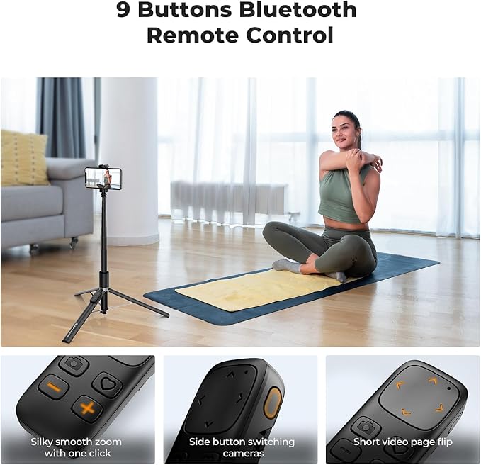 K&F Concept Selfie Stick for iPhone, Auto Open & Close Phone Tripod Stand, 360° Rotatable Selfie Stick with 9 Button Bluetooth Remote, Extendable Automatic Tripod for Cell Phone(Black)