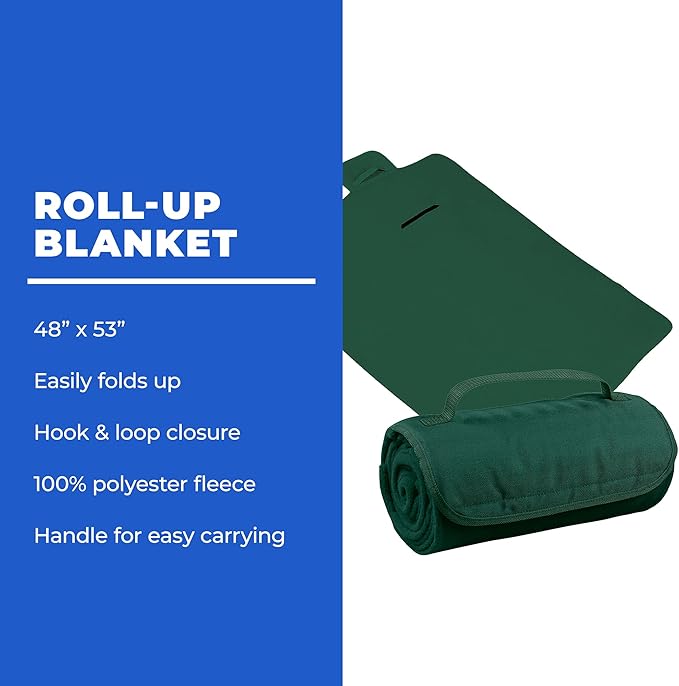 25 Ct of Roll-Up Blankets for Camping, Travel, Outdoors, Beach, Picnics – Hunter Green – Hook + Loop Closure for Easy Use in Cars & on Airplanes – Customizable for Promotions & Events