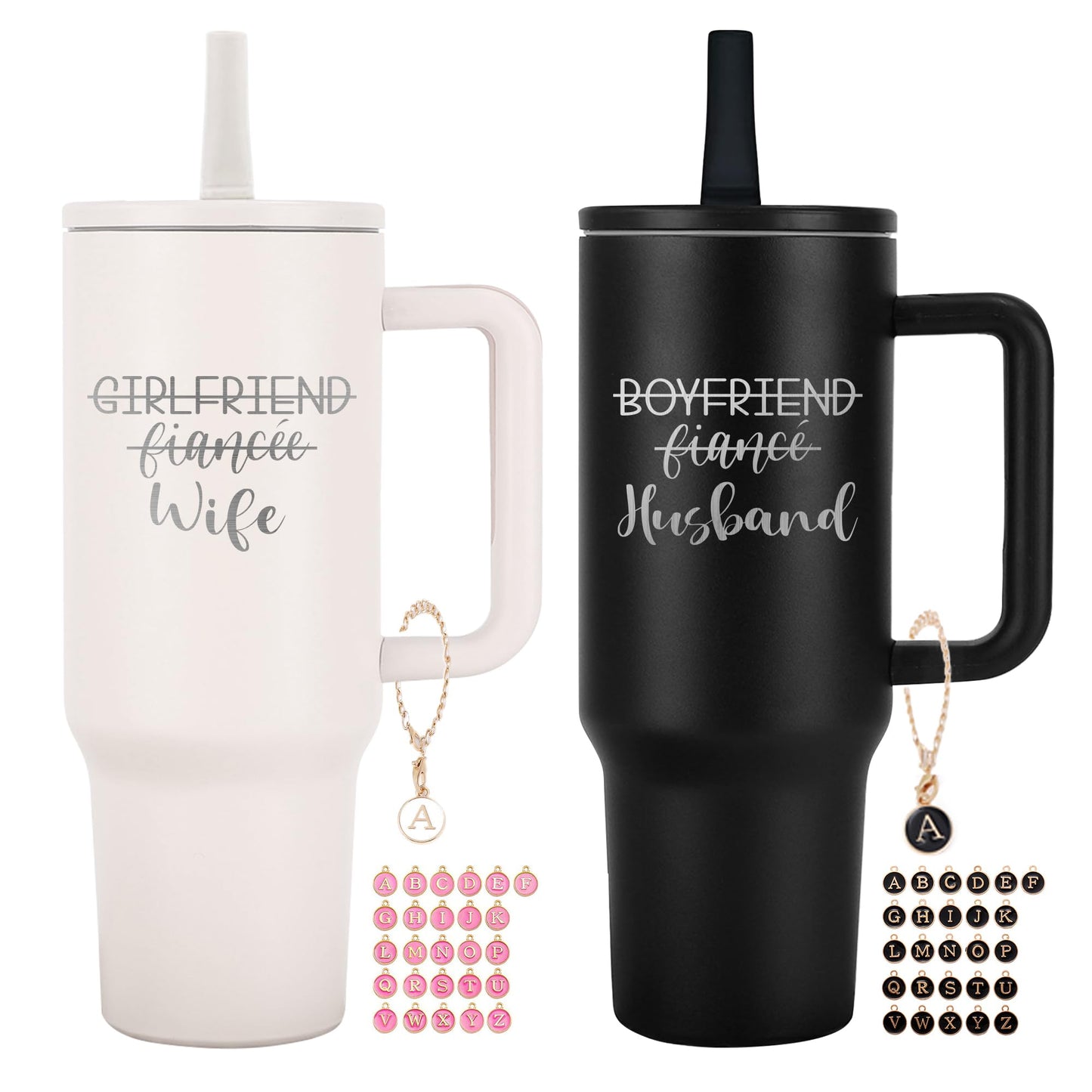 Wedding Gifts for Couples 2025 Husband and Wife 40 oz Tumbler Cup for Couples with Handle Lids Straws Letter Charm Accessories 2 Pack Engagement gifts for Couple Bridal Shower Gifts for Bride Groom