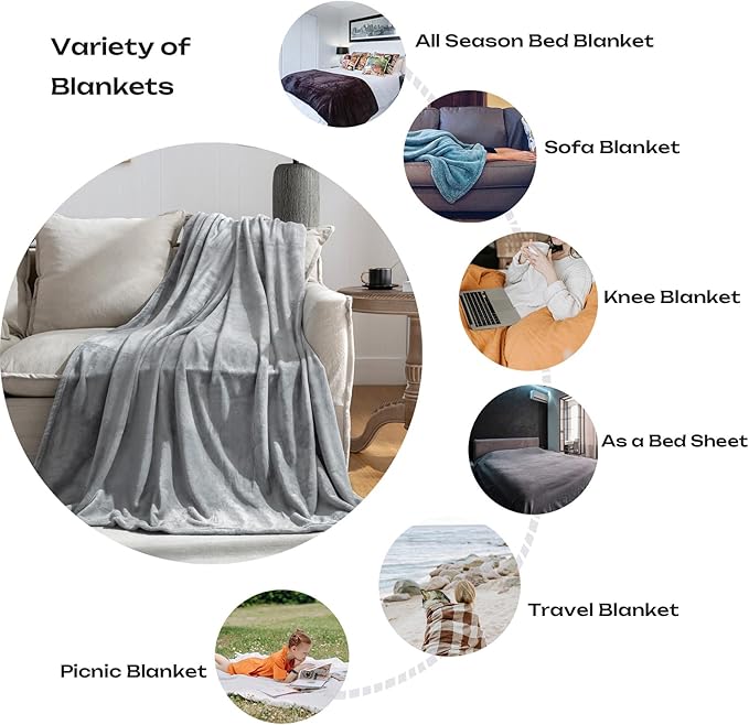 JIAHANNHA Flannel Fleece Blanket Queen Size(90 by 90 Inches),Grey Throw Blanket for Couch Bed Sofa 280GSM,Super Soft Plush Fuzzy and Cozy Warm Bed Blanket for All Season