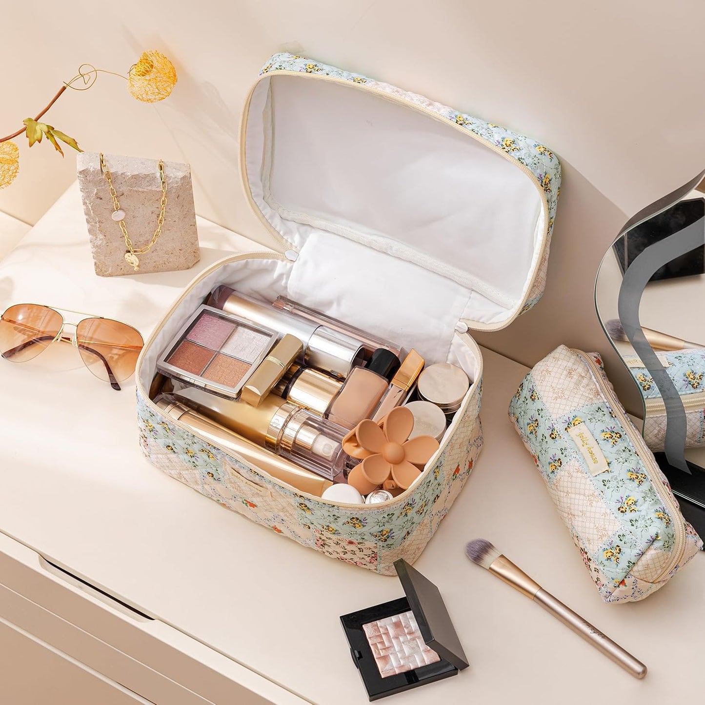 HBselect Quilted Makeup Bag, 3PCS Cotton Large Travel Makeup Bag, Cute Floral Coquette Make up Bag Cosmetic Bag Toiletry Bag for Women Girls
