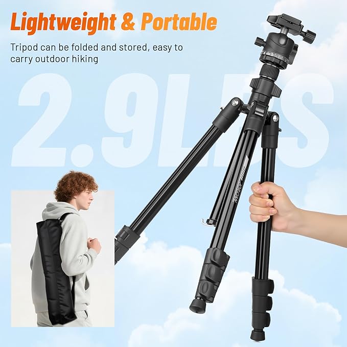 JOILCAN 66" Camera Tripod, Lightweight Travel Tripod with 360° Ball Head & Phone Holder, 22lbs Max Load for DSLR, Camera, Phone, Video & Photography (Grey)