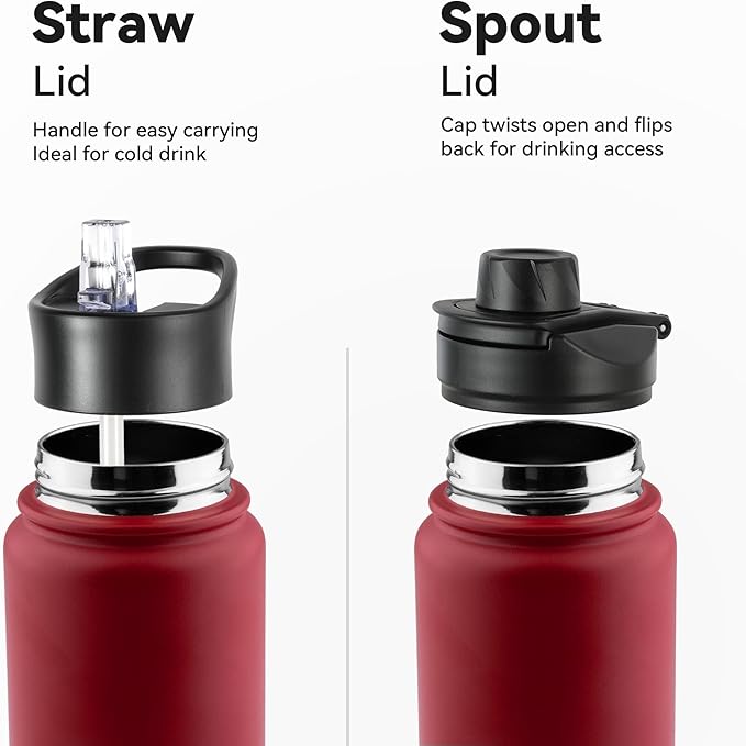 24oz Insulated Water Bottle with Straw Lid, Stainless Steel Metal Water Bottle with Straw & Wide Mouth Lid, Double Wall Vacuum Water Bottle for Hiking Camping, Red 4 Pack