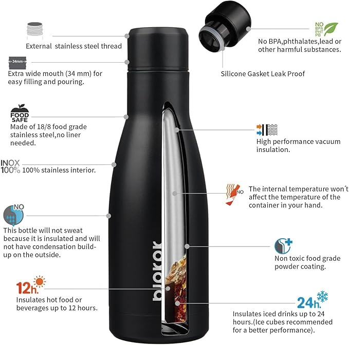 BJPKPK 12oz Water Bottles Stainless Steel Double Wall Vacuum Insulated Small Water Bottles for Travel,Midnight Black