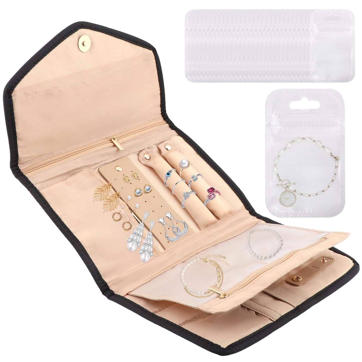 Parthan Travel Jewelry Organizer Case, Foldable Jewelry Storage Roll with 50 pcs Transparent Self Sealing Bag for Store Necklaces Earrings Bracelets Rings, Travel Essentials Girls Gifts(Black)