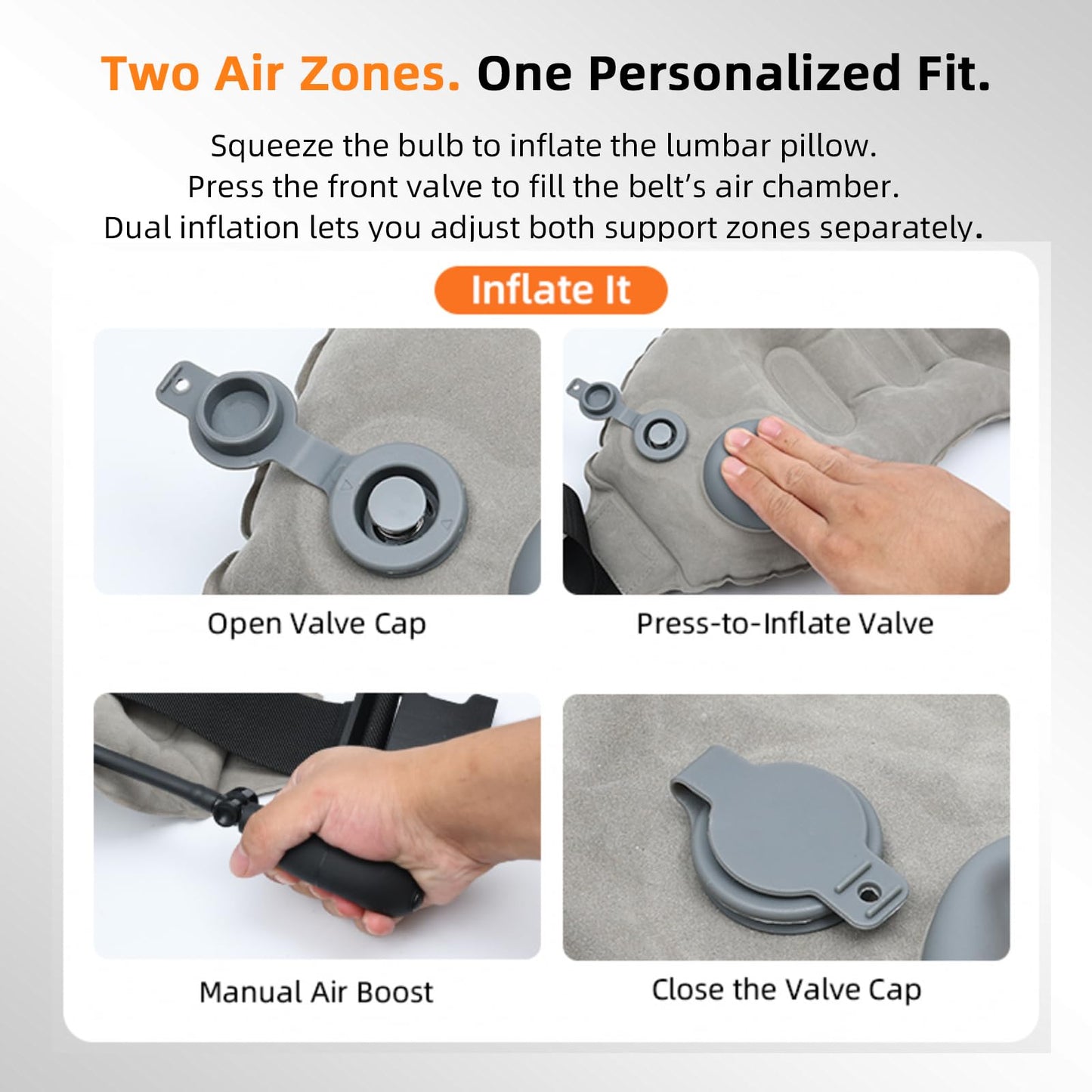 Nufuriri Inflatable Back Support Pillow for Travel – Foldable Travel Back Pillow for Airplane, Office, Car, Home – Adjustable Belt & Hand-Press Inflation, Compact & Lightweight