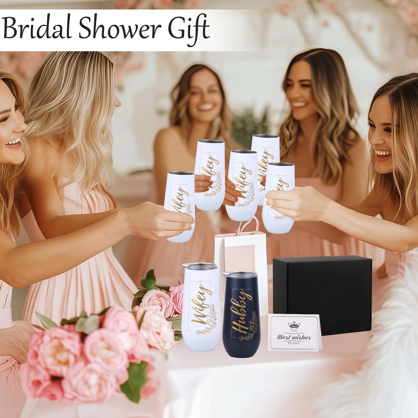 merrisport Wedding Gifts for Couples 2025,Hubby and Wifey Champagne Flutes with Best Wishes Card, Insulated Stainless Steel Tumblers with Lids, Bride and Groom Gift Box, Mr and Mrs Gift,12oz