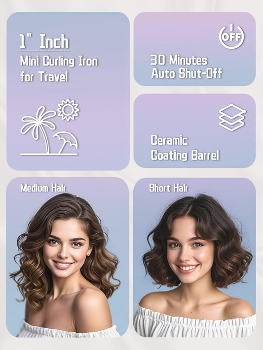 Travel Curling Iron 5 Adjustable Temp, 1 Inch Mini Curling Iron Travel Size with LED Display, Ceramic Mini Hair Curler with Keratin and Argan Oil Infuse, Dual Voltage