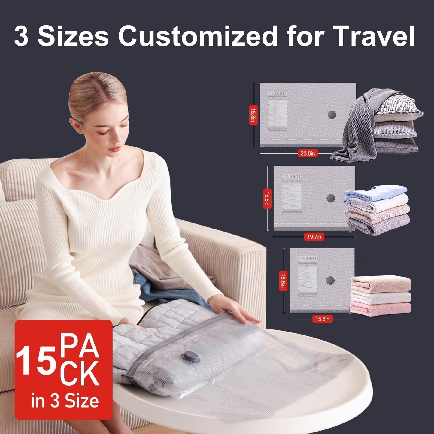 Vacbird 15-Pack Vacuum Storage Bags for Travel, Large/Medium/Small Compression Bags for Clothes (No Pump)