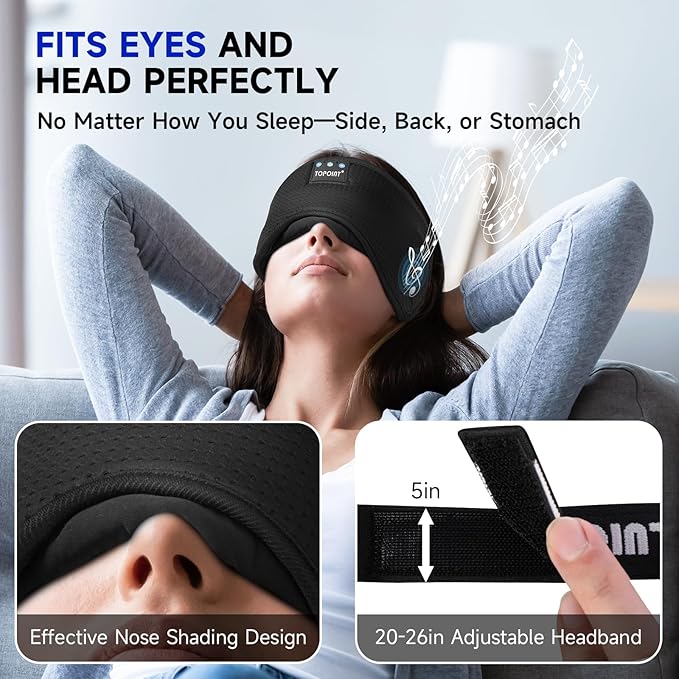TOPOINT Sleep Mask Headphones Bluetooth Wireless 5.4, Breathable Cotton Eye Mask for Sleeping Side Sleepers Travel Music Headsets with Microphone Handsfree Men Women